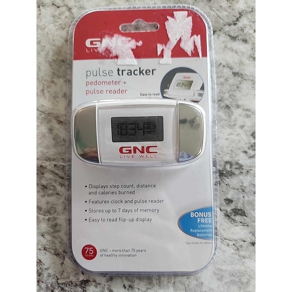 NWT GNC - Pedometer & Pulse Reader - White/silver Step Count, Distance, Calories